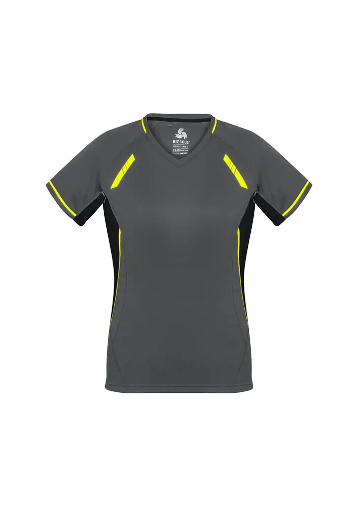 Biz Collection Renegade Womens Short Sleeve Tee in Grey/Black/Fluoro Yellow