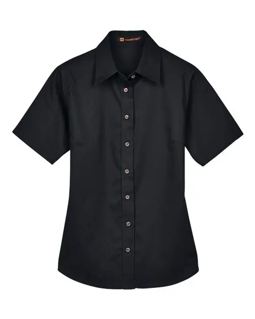 Harriton Women's Easy Blend Short Sleeve Twill Dress Shirt with Stain-Release in Black