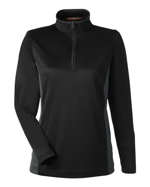 Harriton Women's Flash Snag Protection Plus IL Colorblock Quarter-Zip Pullover in Black/ Dark Charcoal