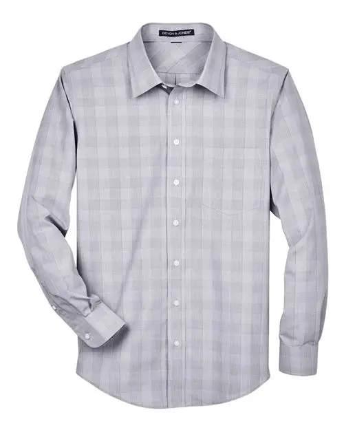 Devon & Jones Men's Crown Collection Glen Plaid Woven Dress Shirt in White/ Graphite/ Light Grey