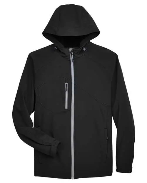 North End Men's Prospect Two-Layer Fleece Bonded Soft Shell Hooded Jacket in Black