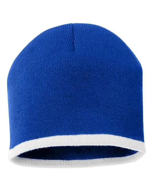 Sportsman 8" Bottom-Striped Beanie in Royal/ White