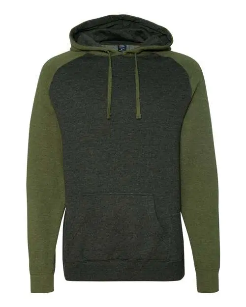 Independent Trading Co. Unisex Raglan Hooded Sweatshirt in Charcoal Heather/ Army Heather