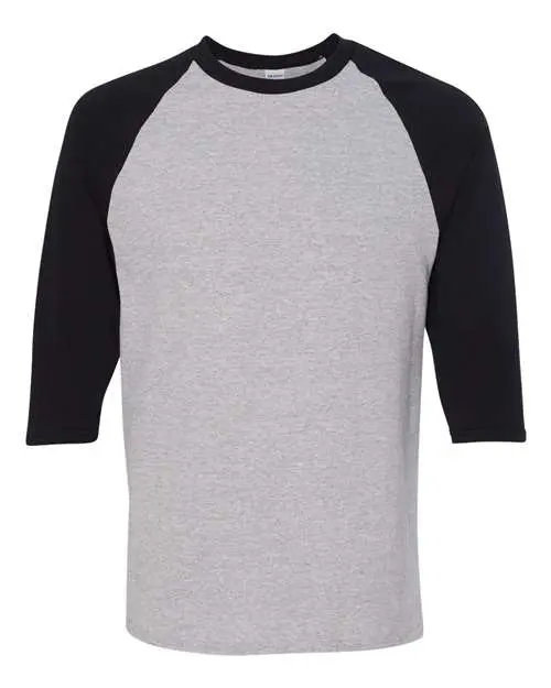 Gildan Unisex Heavy Cotton Raglan Three-Quarter Sleeve T-Shirt in Sport Grey/ Black
