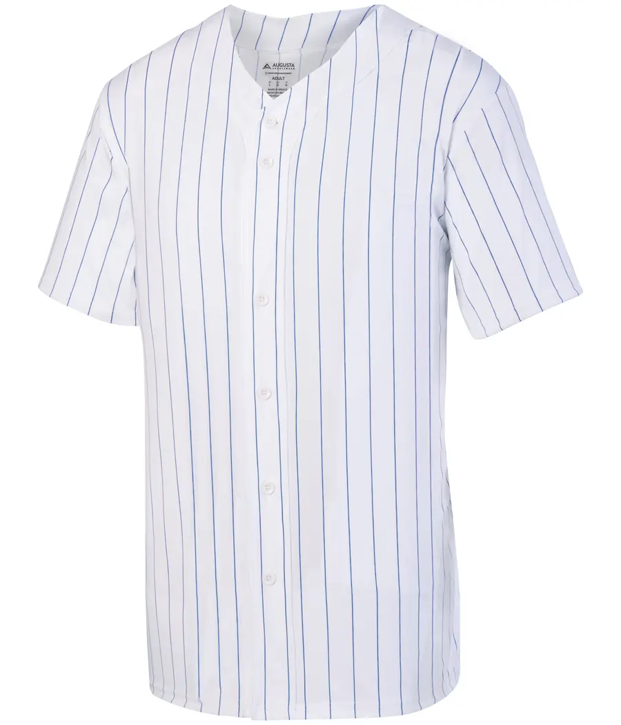 Augusta Pinstripe Full-Button Baseball Jersey in White/Royal