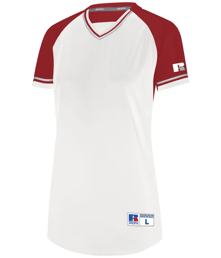Russell Ladies Classic V-Neck Jersey in White/True Red/White