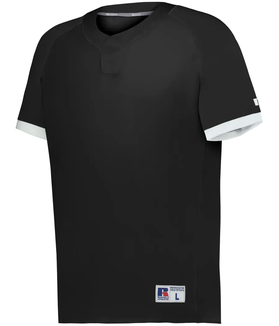 Russell Youth Baseline Covered Placket Baseball Jersey in Black/White