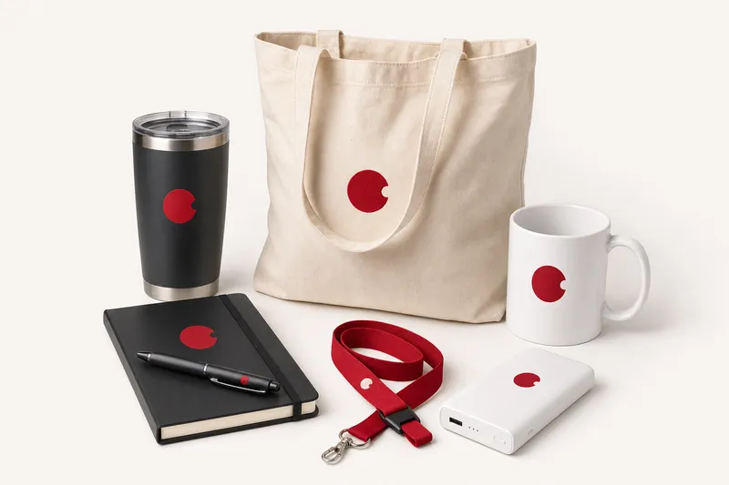 Promotional products with a logo: tumbler, tote bag, mug, notebook and pen, lanyard and power bank